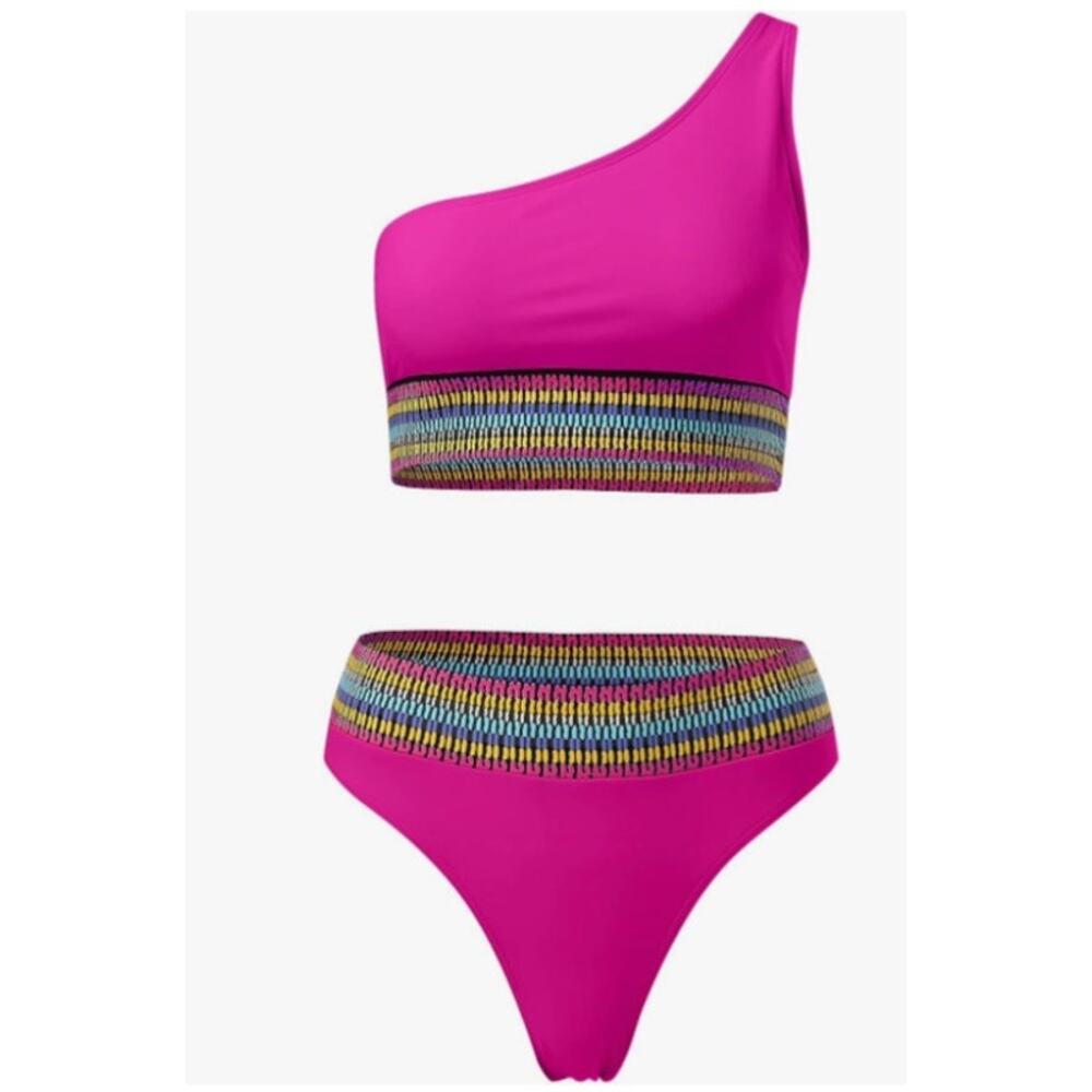 Peixoto Womens One Shoulder 2 Piece Bikini Swim Suit Pink Ribbed Fabric Trim XL